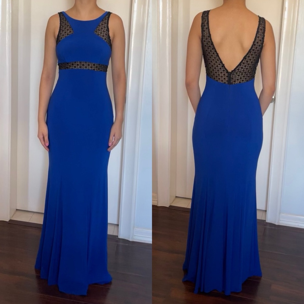 Cache Royal Blue Gown with Black Mesh Detail